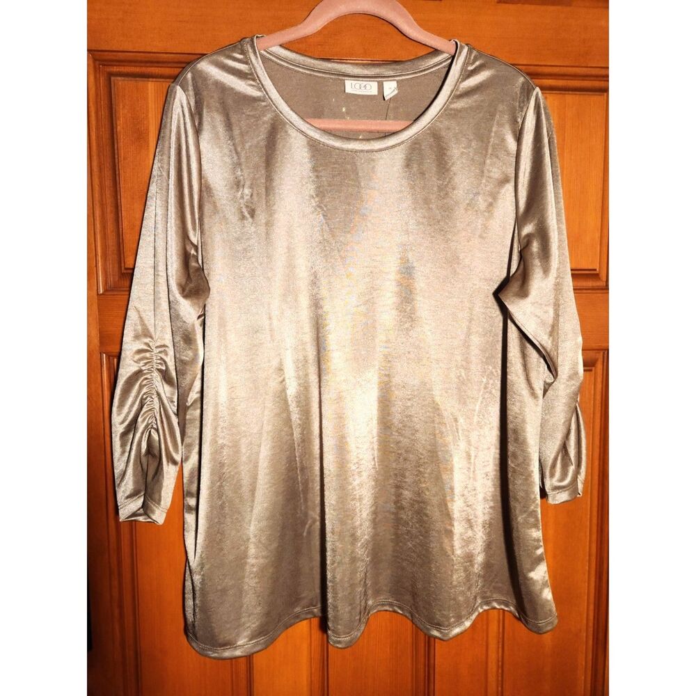 LOGO by Lori Goldstein Brown Blouse Shiny w/ Runched 3/4 Sleeve Women's Size 1X
